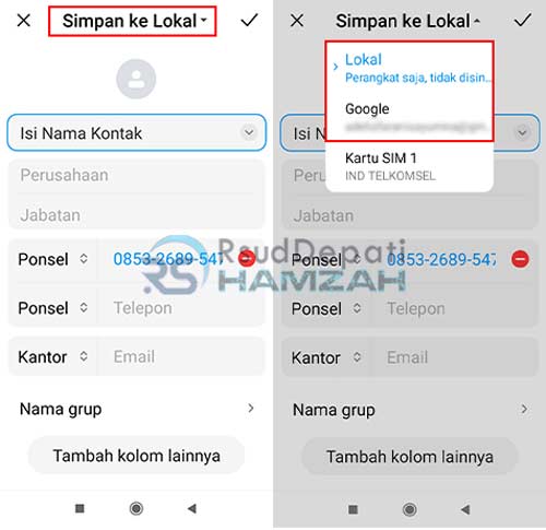 Pilih Pengaturan Penyimpanan Kontak