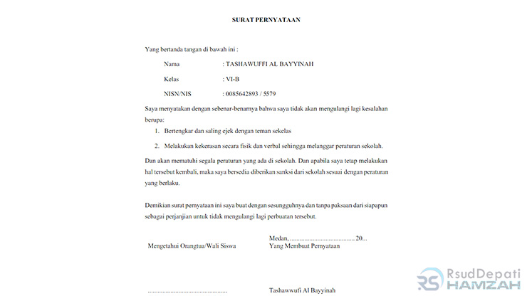 Surat Pernyataan Tidak Mengulangi Kesalahan Untuk Murid 4