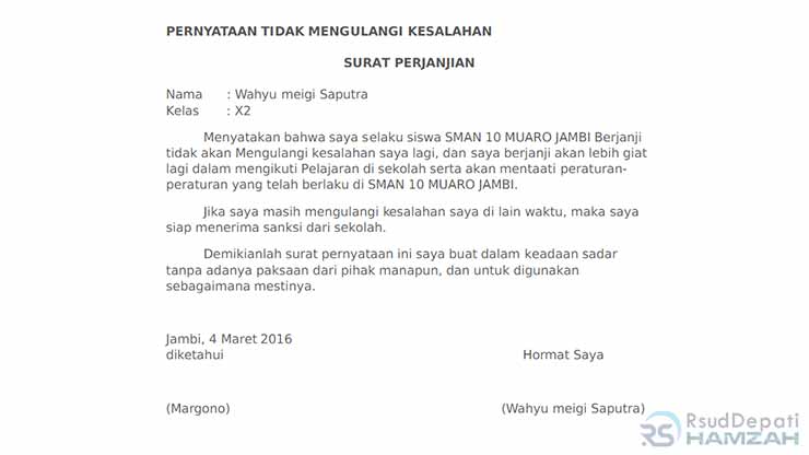 Surat Pernyataan Tidak Mengulangi Kesalahan Untuk Murid