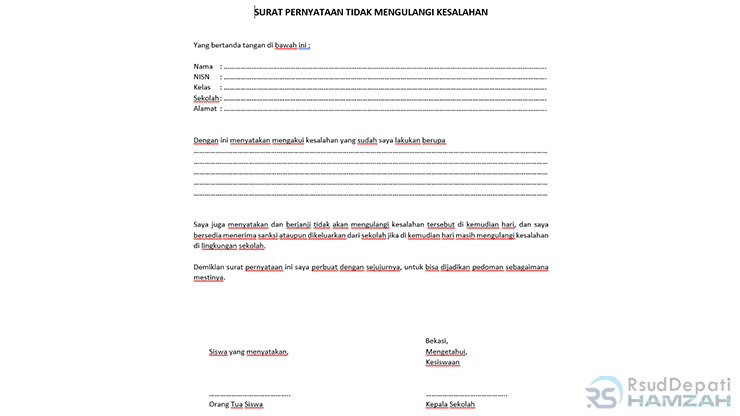 Surat Pernyataan Tidak Mengulangi Kesalahan di Sekolah