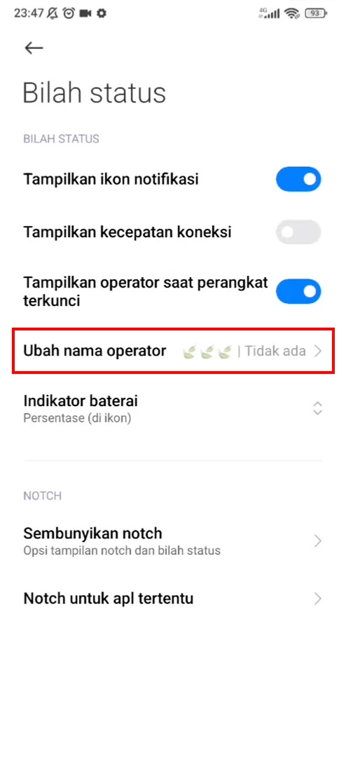 Cek Nama Operator di Bar Status
